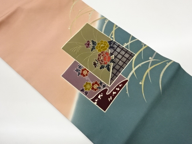 JAPANESE KIMONO / FLOWERS / DEWDROPS EMBROIDERY NAGOYA OBI GOLD-COLORE